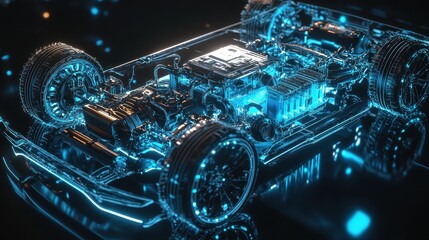 Futuristic Transparent Car Engine with Blue Glowing Lights - 3D Render.