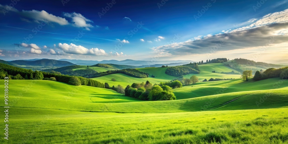 Poster Lush green meadow with a clear blue sky and rolling hills in the background , nature, scenic, countryside, panoramic