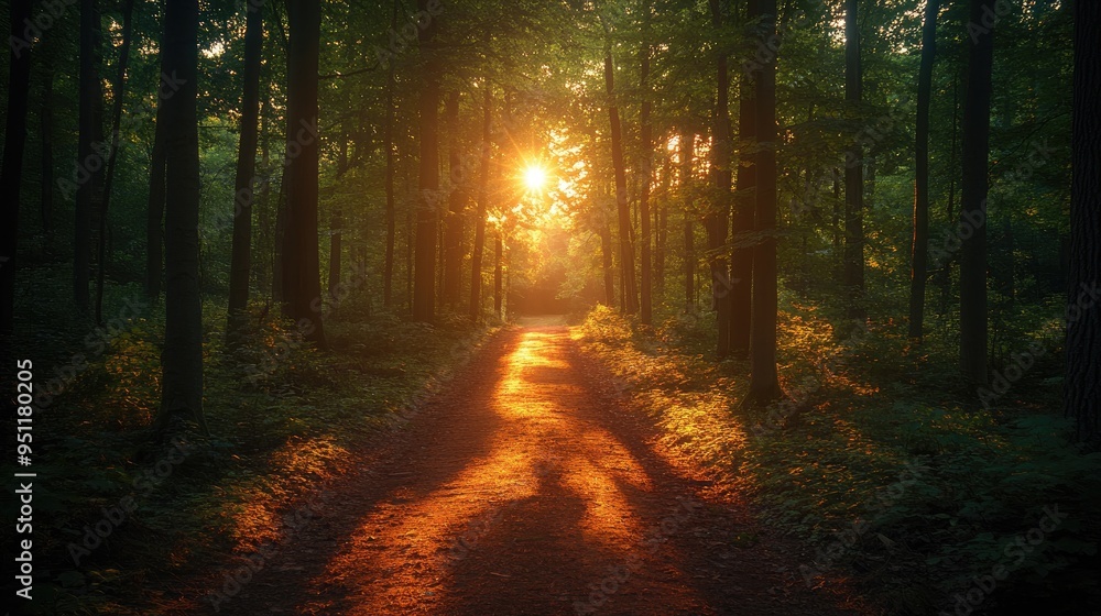 Poster a forest path at dusk, with trees casting long shadows and the sky transitioning to night, ideal for