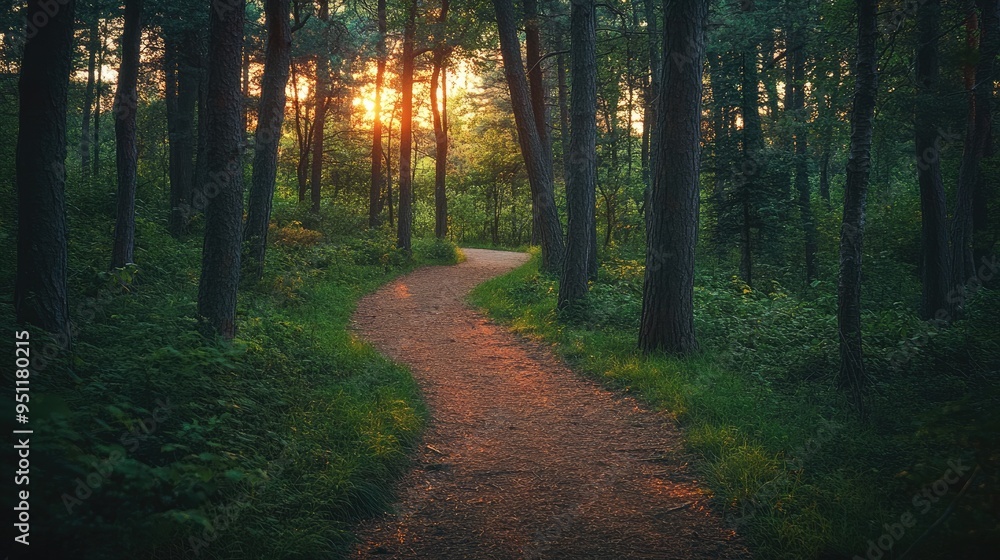 Poster A forest path at dusk, with trees casting long shadows and the sky transitioning to night, ideal for themes of adventure and exploration with space for text.