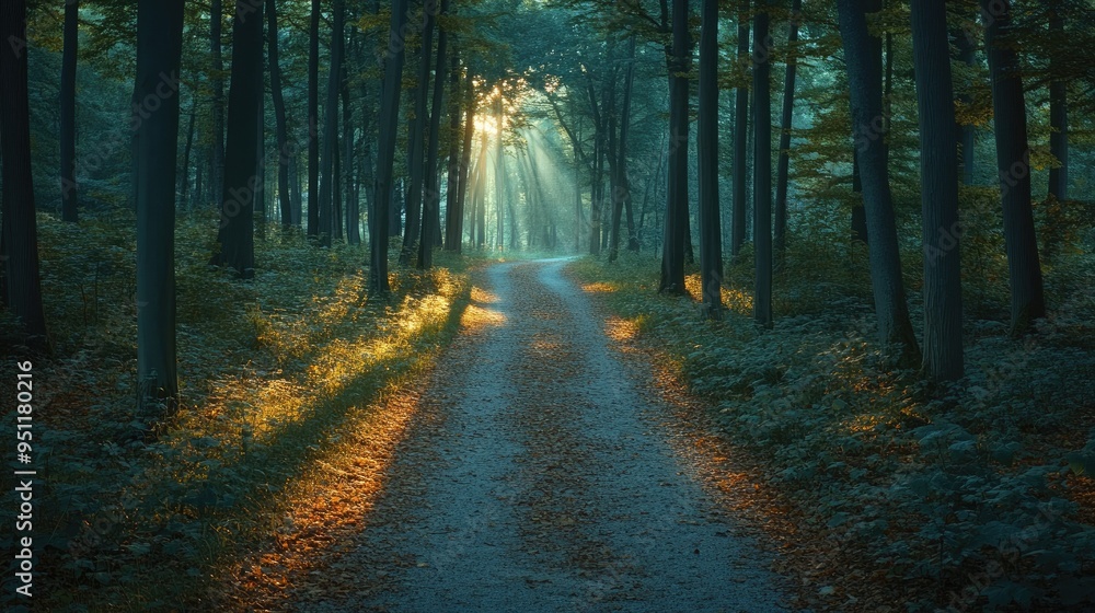 Poster A forest path at dusk, with trees casting long shadows and the sky transitioning to night, ideal for themes of adventure and exploration with space for text.