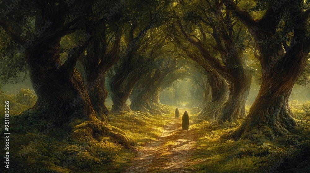 Poster a forest path lined with ancient trees, their roots twisting and turning as if they are alive, leadi