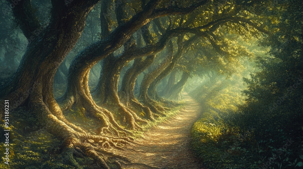 Poster a forest path lined with ancient trees, their roots twisting and turning as if they are alive, leadi