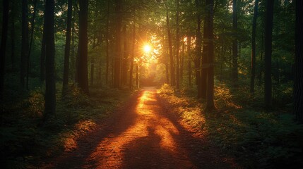 Obraz premium A forest path at dusk, with trees casting long shadows and the sky transitioning to night, ideal for themes of adventure and exploration with space for text.