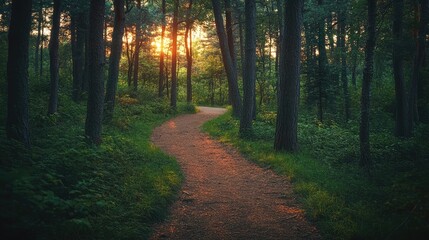 A forest path at dusk, with trees casting long shadows and the sky transitioning to night, ideal for themes of adventure and exploration with space for text.
