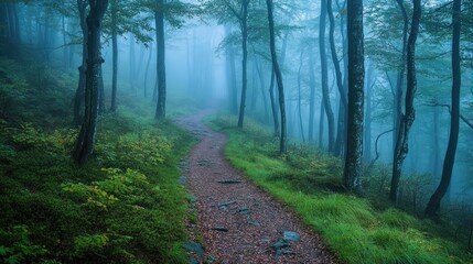 Obraz premium A forest trail disappearing into the mist, with only the closest trees and undergrowth visible, creating a sense of mystery.