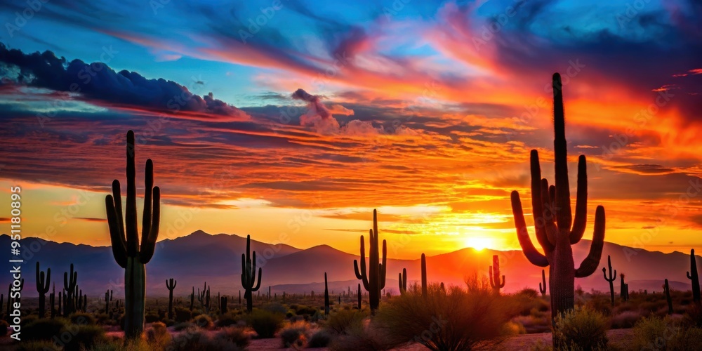 Poster Sunset over the desert with vibrant colors and silhouettes of cacti, sun, dusk, evening, landscape, nature, horizon, colorful