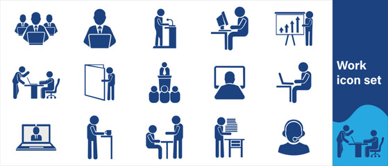 Work icon set. Containing job, career, employment, meeting, organization, teamwork and networking icons. Solid icon collection. Vector illustration.