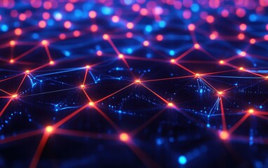 Obraz premium Abstract Red and Blue Network Connection with Glowing Lights and Bokeh Effect.
