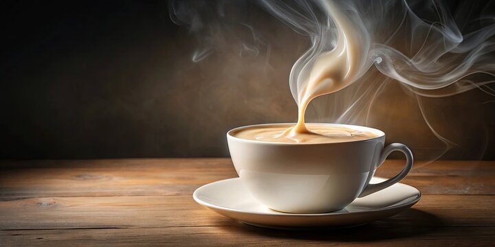 Warm, creamy steamed milk pouring into a cup creates a swirl of vapor and an inviting aroma for a cozy beverage break