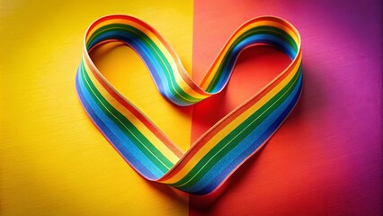 Vibrant LGBT rainbow ribbon forming heart shape on colorful background celebrating love, acceptance, and diversity