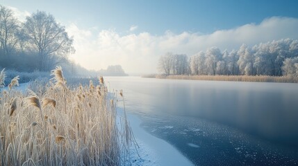 A frozen lake with a dusting of snow, surrounded by frosty reeds, offering a peaceful winter scene with copy space.