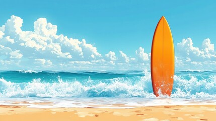 A fun and vibrant clipart of a surfboard standing in the sand, with waves crashing behind it and a clear blue sky above.