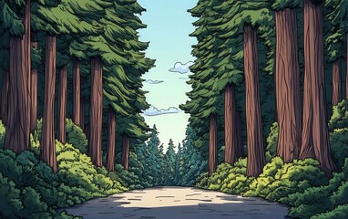 Cartoon Illustration of a Path Through a Lush Forest with Tall Redwood Trees