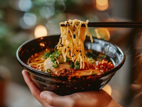 close up hand holding a bowl of ramen with chopsticks, showcasing the intricate details of the dish