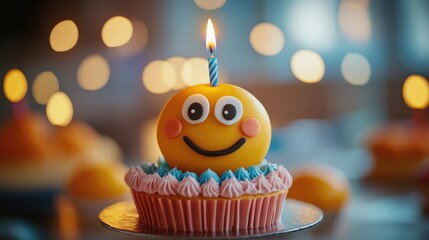 A funny birthday candle shaped like a cartoon character, placed on a cake with ample room for a custom message.