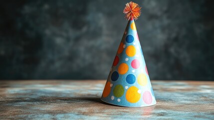 A funny birthday hat with an exaggerated design, set on a table with plenty of room for text.
