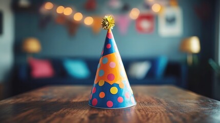 A funny birthday hat with an exaggerated design, set on a table with plenty of room for text.