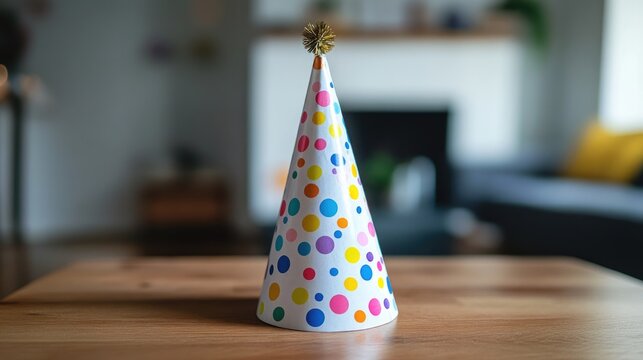 A funny birthday hat with an exaggerated design, set on a table with plenty of room for text.