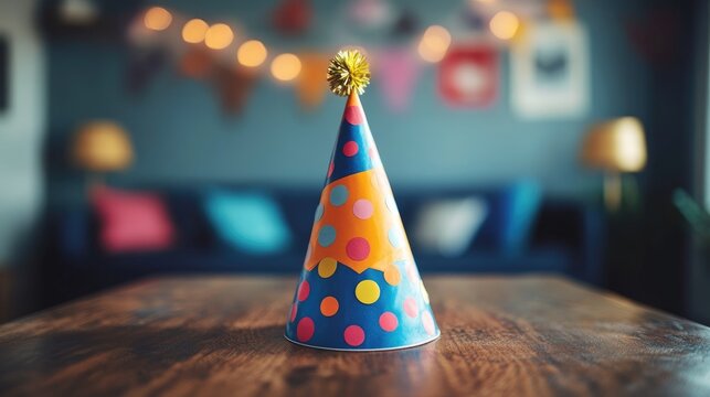 A funny birthday hat with an exaggerated design, set on a table with plenty of room for text.