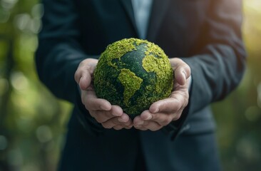 a businessman in a suit holding a green planet earth made out of felt in his hands