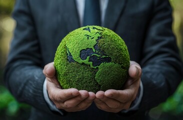 a businessman in a suit holding a green planet earth made out of felt in his hands