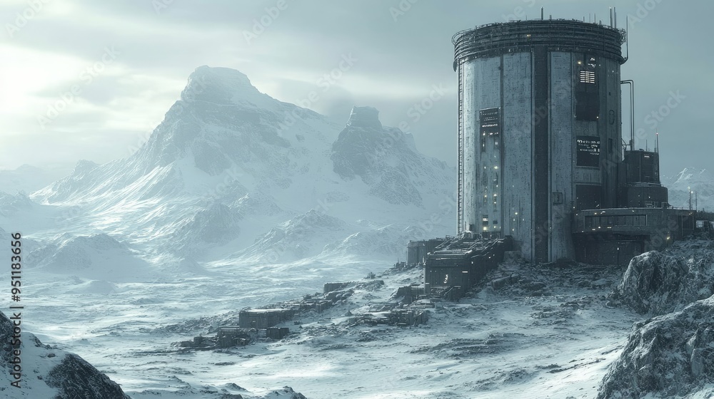 Poster a futuristic prison colony on a desolate planet, showcasing a harsh and isolated environment. ample 