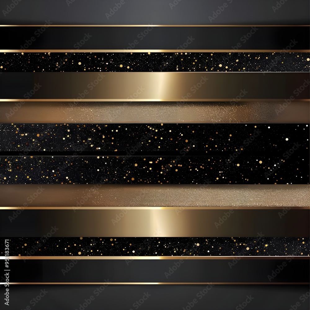 Poster a luxurious abstract design featuring alternating black and gold horizontal stripes, accented with s