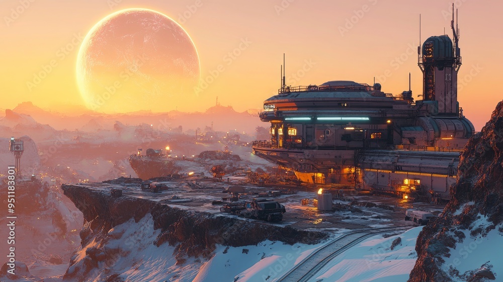 Poster a futuristic prison colony on a desolate planet, showcasing a harsh and isolated environment. ample 