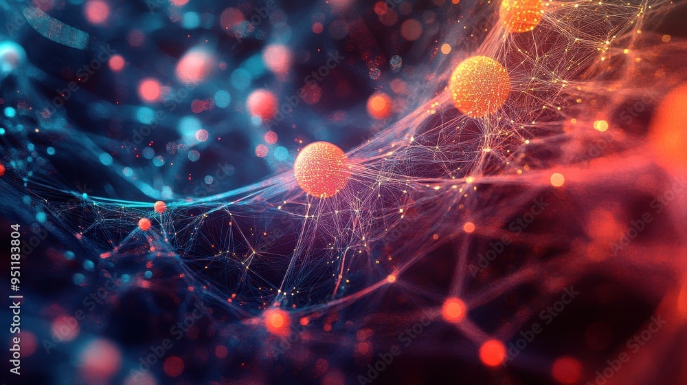 Poster abstract red and blue network with bokeh lights.