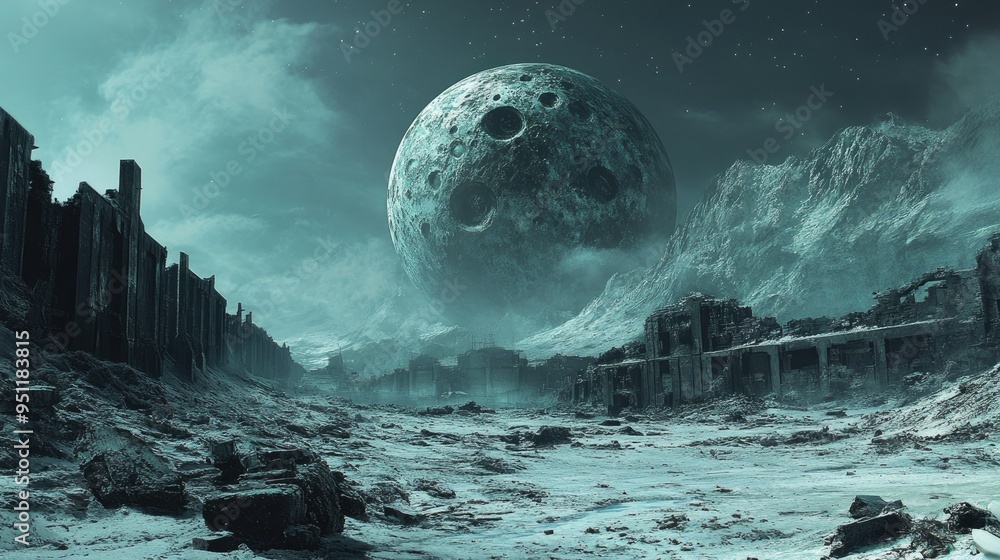 Poster a futuristic prison planet with a dramatic, uninhabitable surface, emphasizing the isolation and con