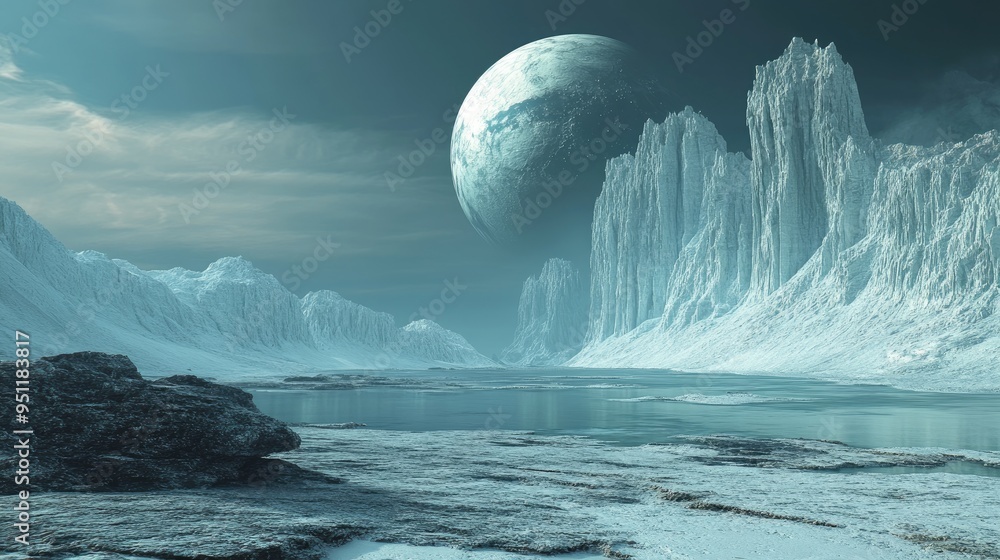 Poster a futuristic prison planet with a dramatic, uninhabitable surface, emphasizing the isolation and con
