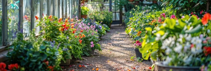 Obraz premium Sweet peas and planters adjacent to a greenhouse in a garden setting