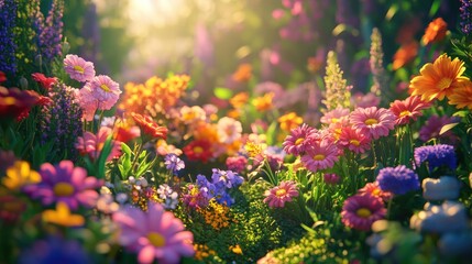 A garden filled with a variety of colorful flowers in full bloom, creating a lush, fragrant scene under the warm sunlight.