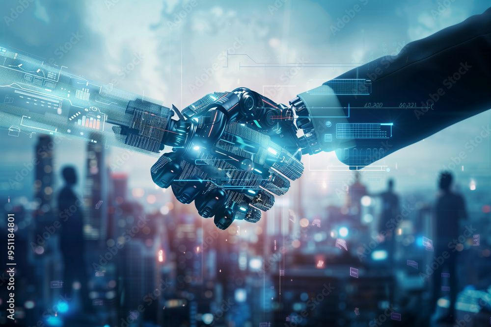 Poster a futuristic handshake between human and robot over a busy cityscape illuminated by digital interfac