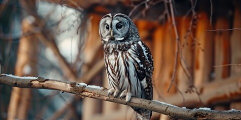 Male boreal owl resting on a branch within a wildlife enclosure
