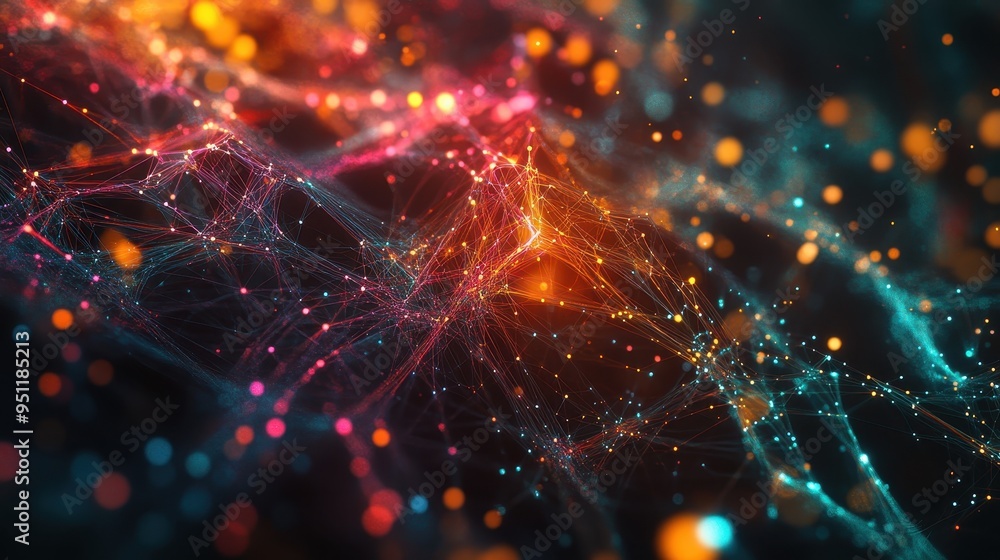 Poster abstract network with glowing lights and bokeh effect - technology background.