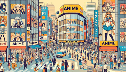 The concept of the image of Akihabara, the sacred place of Japanese animation. Vector illustration.