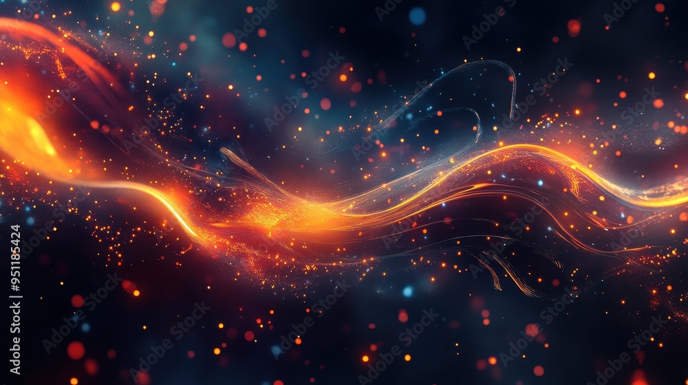 Poster abstract red and orange light streaks with bokeh on a dark background.