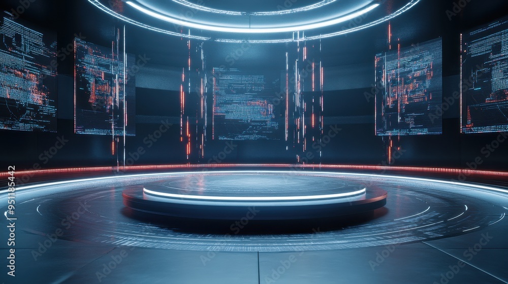 Aufkleber futuristic digital platform with neon lights and code background - cyberpunk studio setting.