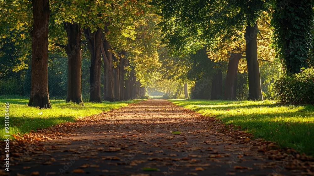Aufkleber a gentle breeze blowing through a tree lined path, with leaves scattering in the wind, offering a pe