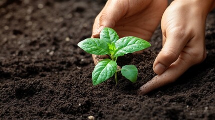 A gardener's hands planting a seedling in rich soil, ideal for themes of nurturing and sustainability with space for text.