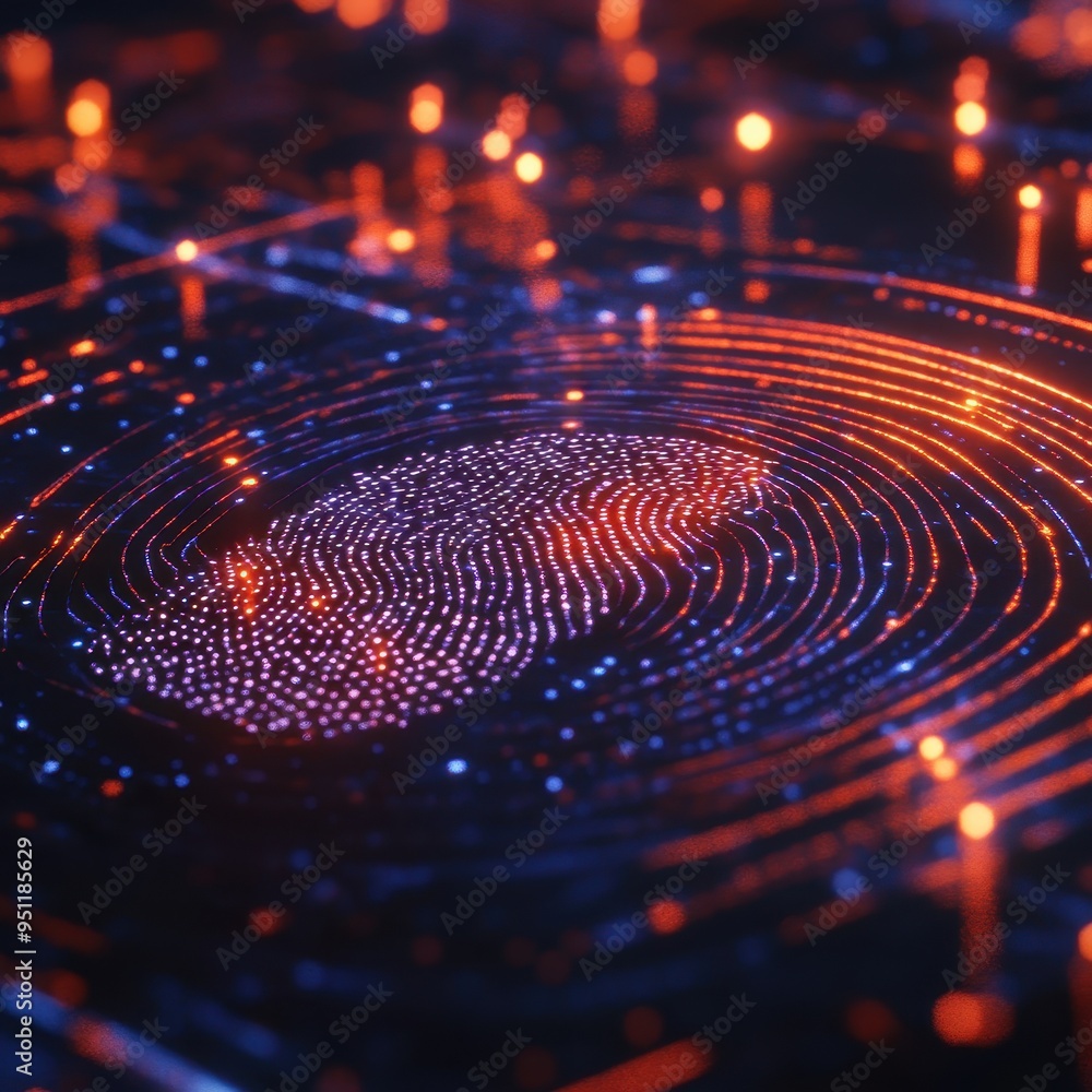 Poster abstract fingerprint pattern with orange and blue lights - digital security concept.