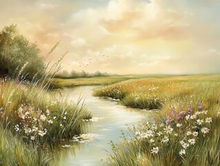 Obraz premium Tranquil Summer Landscape with River, Meadow, and Wildflowers.