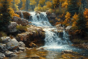 Majestic Waterfall Cascading Down Rugged Rocky Cliff in Autumnal Forest Landscape