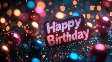 A glittery birthday banner with "Happy Birthday" in shimmering letters, against a dark background. Copy space for text.