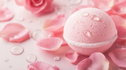 A detailed shot of a bath bomb with water droplets, nestled among rose petals, Rose Bath Bomb, highlighting the fragrant and moisturizing benefits for a relaxing bath