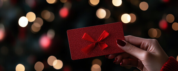 A beautifully wrapped red gift card with a bow is held against a dreamy bokeh background of shimmering holiday lights, embodying the joy of giving and festive cheer.