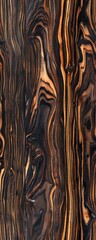 Naklejka premium Closeup of exotic dark wood grain with intricate natural patterns, offering a beautiful texture background for design projects.