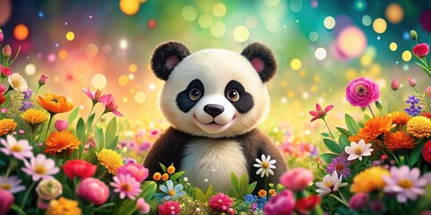 A cute panda surrounded by colorful flowers in a whimsical setting, panda, flowers, nature, wildlife, cute, adorable
